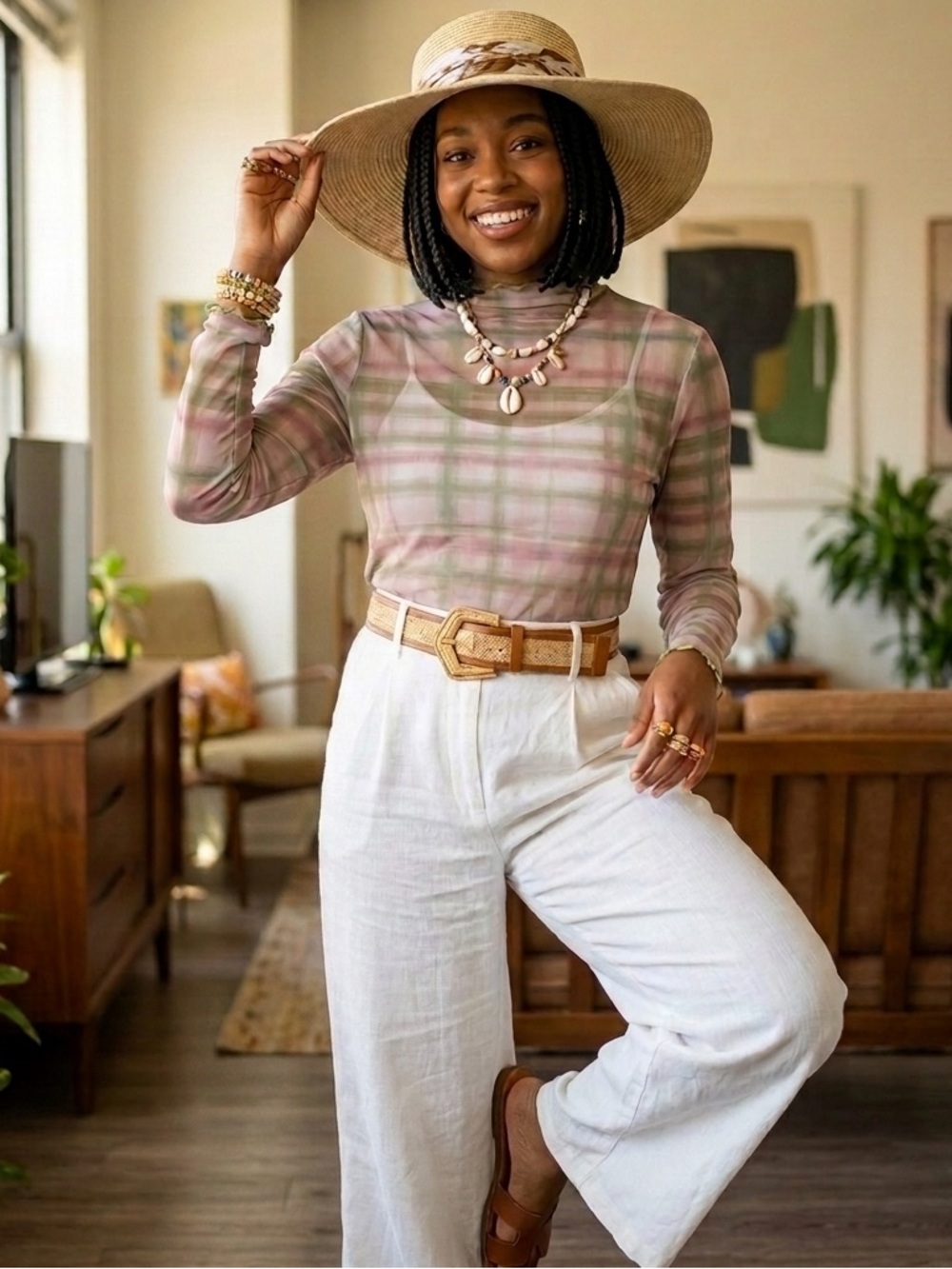 Anthropologie Pilcro Green & Pink Plaid Mesh Mock Neck Top - Size Large